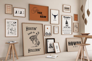 printable Western wall art prints in beige, black, white, green and burnt orange. Cowboy decor with vintage desert landscapes, rodeo scenes, and rustic typography.