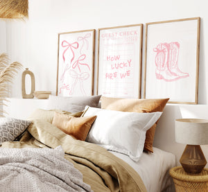 set of 3 pink printable wall art for dorm room, how lucky are we zach bryan poster with coquette bows and cowgirl boots
