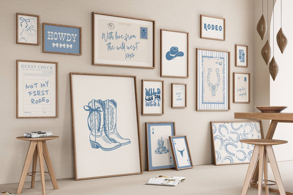 set of 15 light blue and white trendy coastal cowgirl prints with coquette bows, cowgirl boots, guest checks, and a horizontal postcard print