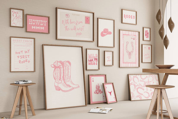 set of 15 beige trendy cowgirl prints with coquette bows, cowgirl boots, guest checks, and a horizontal postcard print