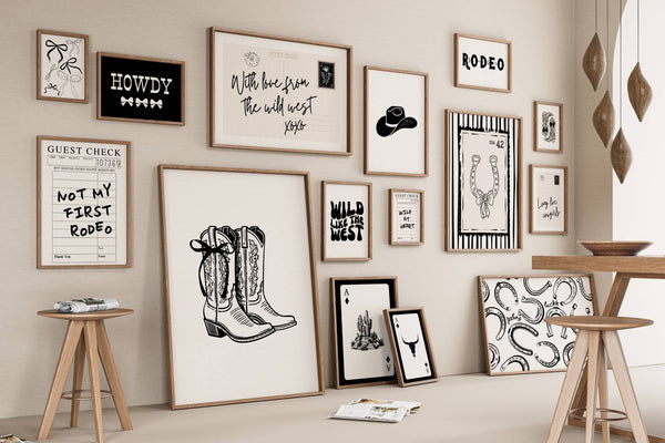 set of 15 black and white trendy cowgirl prints with coquette bows, cowgirl boots, guest checks, and a horizontal postcard print