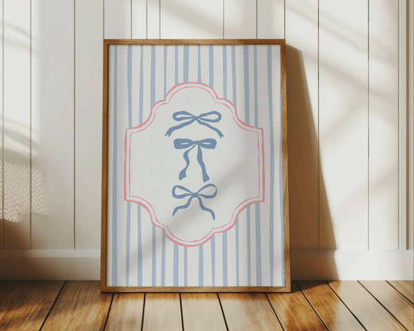 vintage light blue stripe and pastel pink frame with 3 blue coquette bows