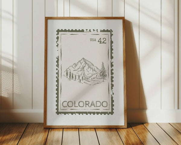 Colorado Poster State Stamp Wall Art with rocky mountain scene in green