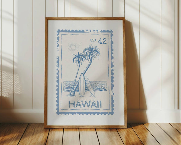 Hawaii Wall Art State Stamp Print in Blue with Palm Trees and Surf Boards