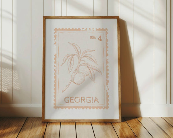 Georgia state stamp print with peach design in a peach color vertical orientation wall art