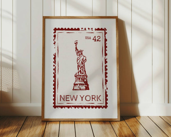 New York Wall Art State Stamp Poster in Red with Statue Of Liberty