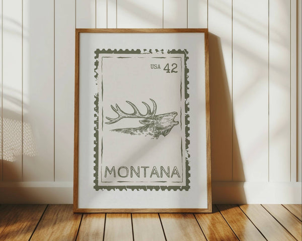 Montana Poster State Stamp Wall Art in green with bugling elk