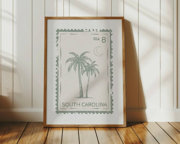 sage green south carolina state stamp print with palmetto trees and crescent moon