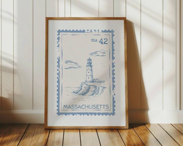 light blue massachusetts state stamp print with lighthouse on coast