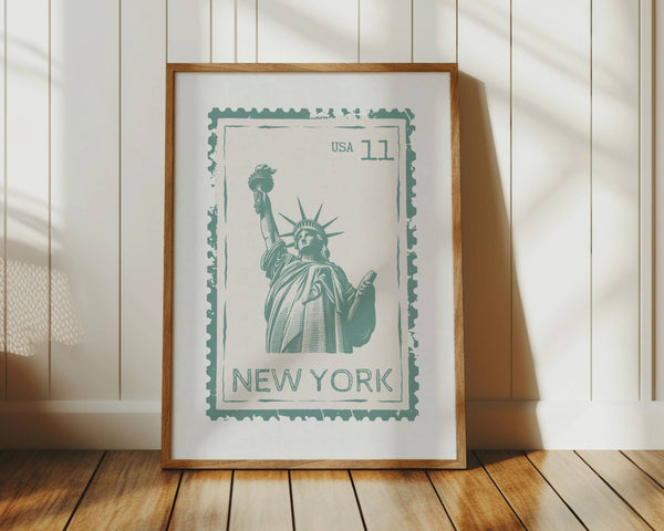 New York state stamp wall art with statue of liberty in teal green vertical orientation print for NYC decor
