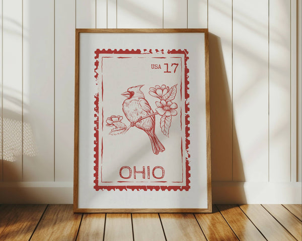 ohio state stamp print in red with cardinal vertical orientation travel wall art