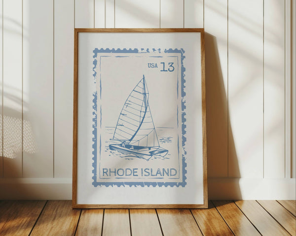 Rhode Island state stamp print with coastal blue sailboat vertical orientation travel wall art