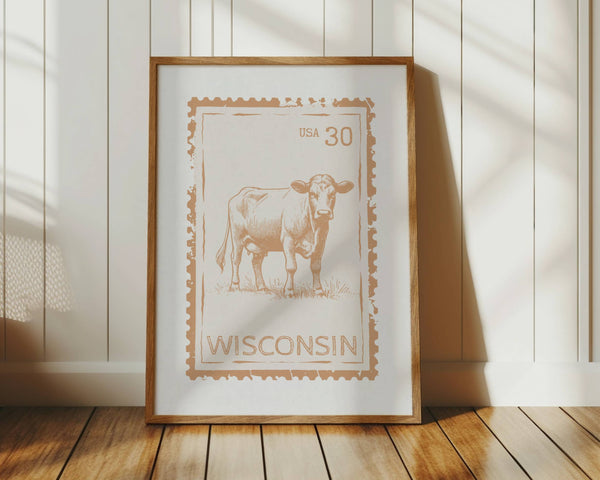 Wisconsin state stamp print with dusty orange dairy cow vertical orientation travel wall art