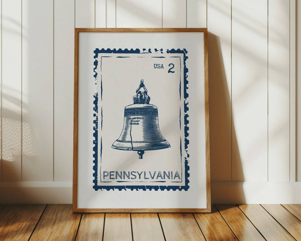 pennsylvania state stamp wall art with liberty bell in navy blue vertical orientation print