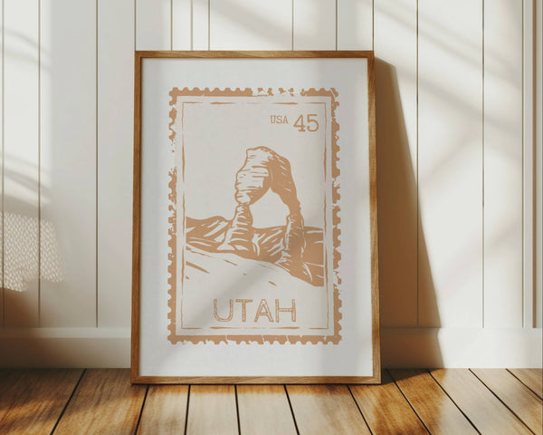 Utah state stamp print in vertical orientation muted orange color with arches national park rock formation