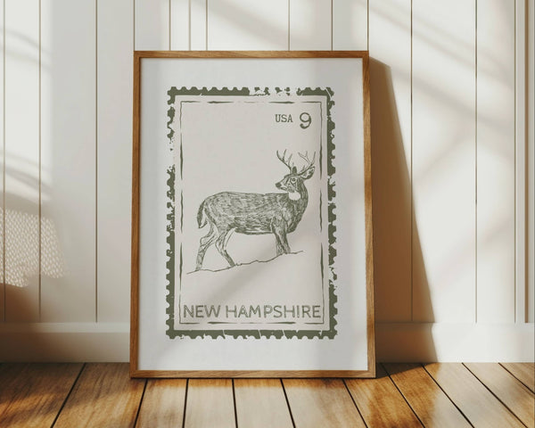 New Hampshire state stamp print in vertical orientation forest green color with whitetail deer