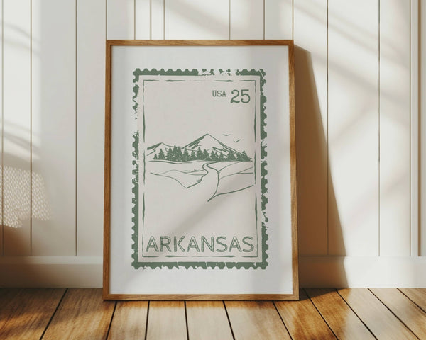 arkansas state stamp wall art with ozark mountain scene in green vertical orientation print