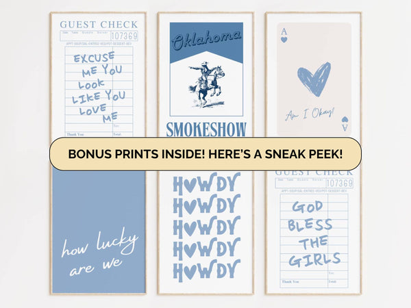 Trendy Blue Cowgirl Set of 15 Prints