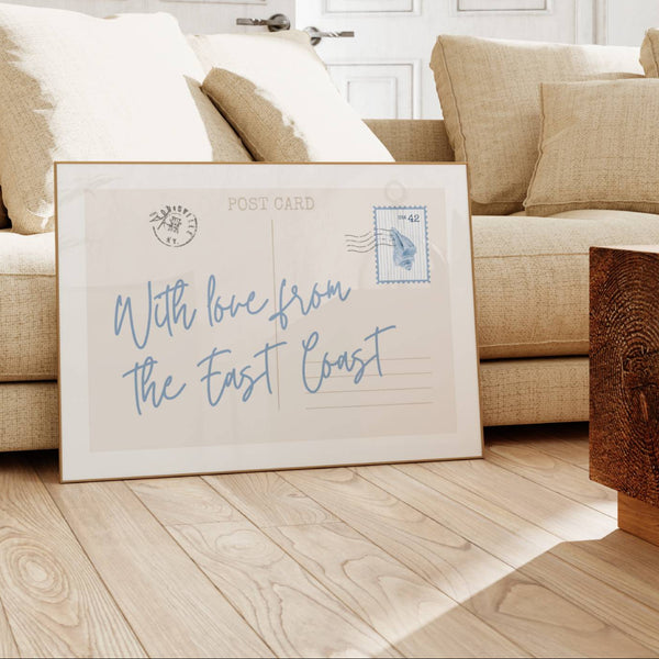 With love from the east coast postcard wall art in coastal blue with vintage seashell stamp, horizontal orientation