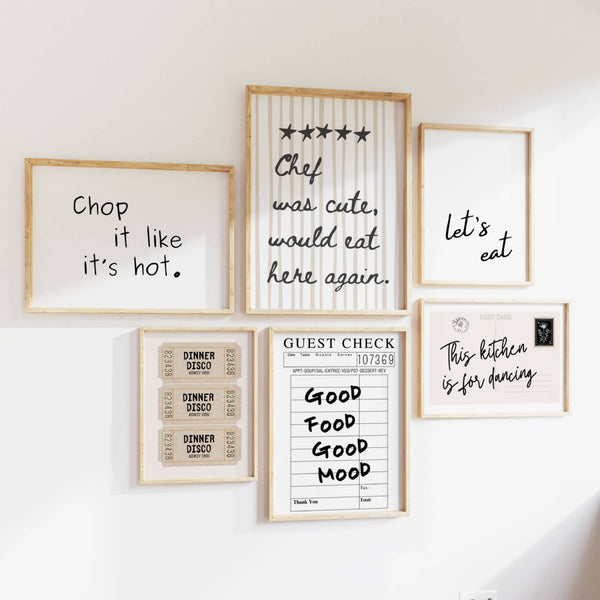 set of 6 funny kitchen wall art in black and white, with chef was cute would eat here again, this kitchen is for dancing, let's eat, good food good mood quotes