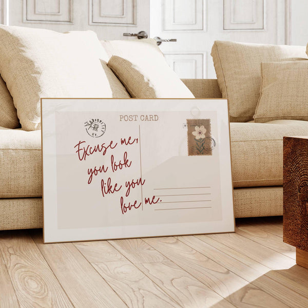 excuse me you look like you love me quote on horizontal postcard print with vintage floral stamp