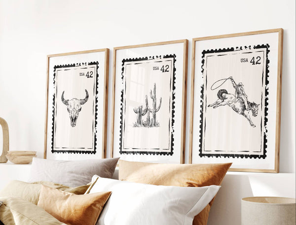 Western Stamp Set of 3 Prints