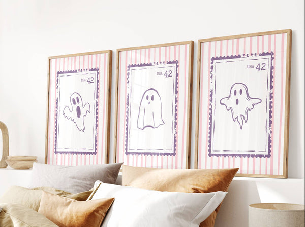 set of 3 cute ghost stamp prints in pastel pink and purple for pinkoween or pastel halloween decor