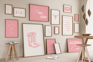 set of 15 coastal cowgirl printable wall art in pink with coquette and trendy western inspiration