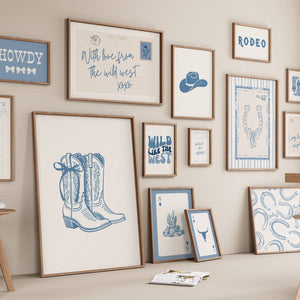 set of 15 light blue and white trendy coastal cowgirl prints with coquette bows, cowgirl boots, guest checks, and a horizontal postcard print