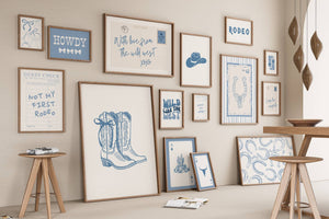 set of 15 light blue and white trendy coastal cowgirl prints with coquette bows, cowgirl boots, guest checks, and a horizontal postcard print