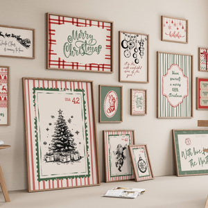 set of 15 vintage christmas prints with a classic, traditional and nostalgic vibe. A red and green color palette with black accents, featuring retro stripes, vintage postal stamps, postcards and more