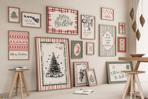 set of 15 vintage christmas prints with a classic, traditional and nostalgic vibe. A red and green color palette with black accents, featuring retro stripes, vintage postal stamps, postcards and more