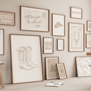 set of 15 beige trendy cowgirl prints with coquette bows, cowgirl boots, guest checks, and a horizontal postcard print