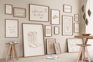 set of 15 beige trendy cowgirl prints with coquette bows, cowgirl boots, guest checks, and a horizontal postcard print