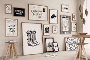 set of 15 black and white trendy cowgirl prints with coquette bows, cowgirl boots, guest checks, and a horizontal postcard print
