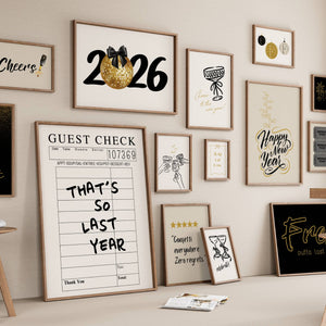 Set of 15 new years eve printable wall art in black, white, beige and gold, vertical and horizontal print