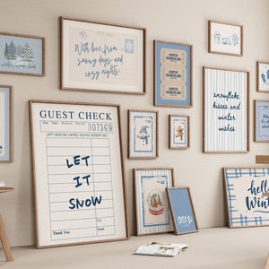 set of 15 winter wall art in blue and navy
