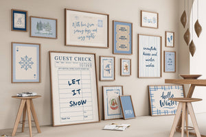 set of 15 winter wall art in blue and navy