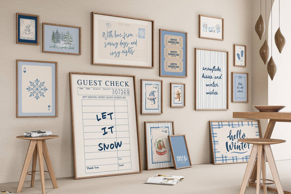 set of 15 winter wall art in blue and navy