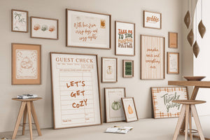 set of 15 fall gallery wall art with cozy orange, beige and green colors for thanksgiving and autumn decor