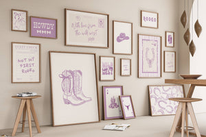 Set of 15 purple cowgirl prints trendy wall art with coquette bows, cowgirl boots, horseshoes, guest checks. In a lavender and lilac color palette for pastel western decor