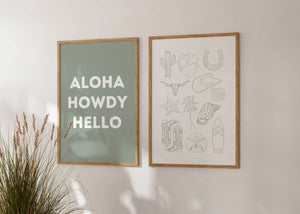 aloha howdy hello set of 2 coastal cowgirl prints in sage green