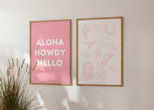 aloha howdy hello set of 2 coastal cowgirl prints in pink