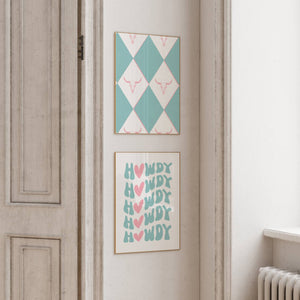 disco cowgirl wall art in turquoise and pink with howdy in wavy retro heart font