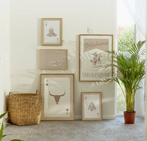 How lucky are we quote and Oklahoma smoke show poster with cowboy playing cards in beige wall art set