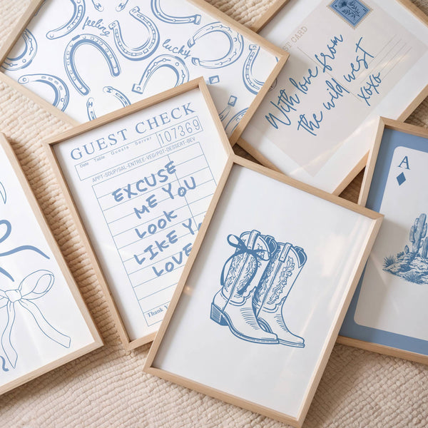 Trendy Blue Cowgirl Set of 15 Prints