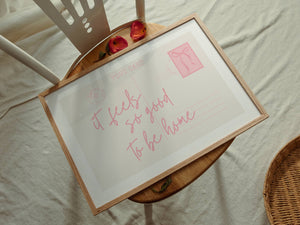 it feels so good quote on horizontal postcard print in light pink with coquette bow postal stamp