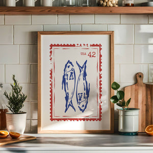 navy blue sardines on red postage stamp print