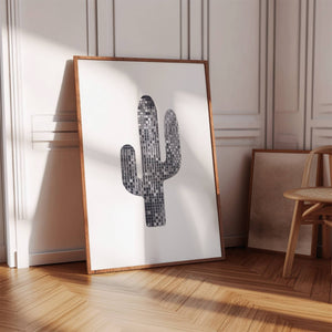 silver disco cactus print on white background vertical orientation wall art