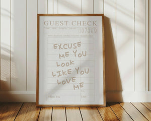 excuse me you look like you love me quote on neutral beige retro guest check print